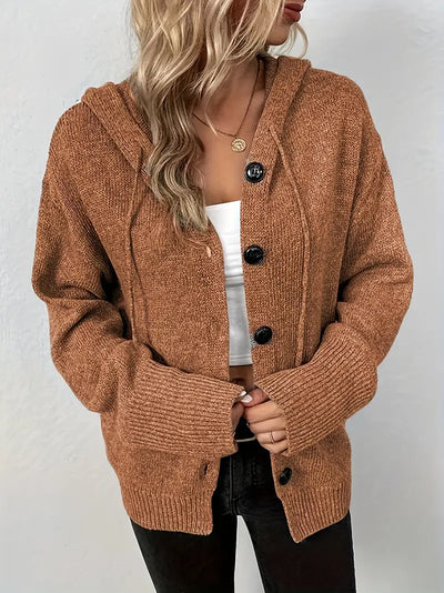 Suthida - Elegant Long Sleeve Hooded Sweater With Button