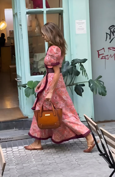 Elegant long pink dress with short sleeves