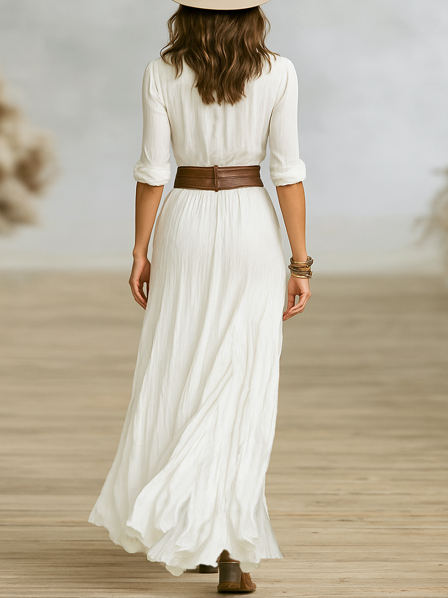 Long Maxi Dress in Linen with Reverse Collar