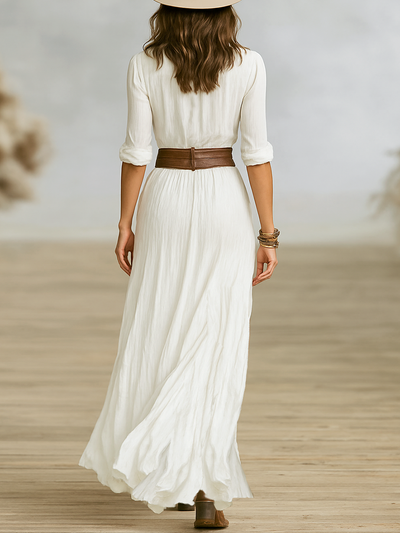 Long Maxi Dress in Linen with Reverse Collar