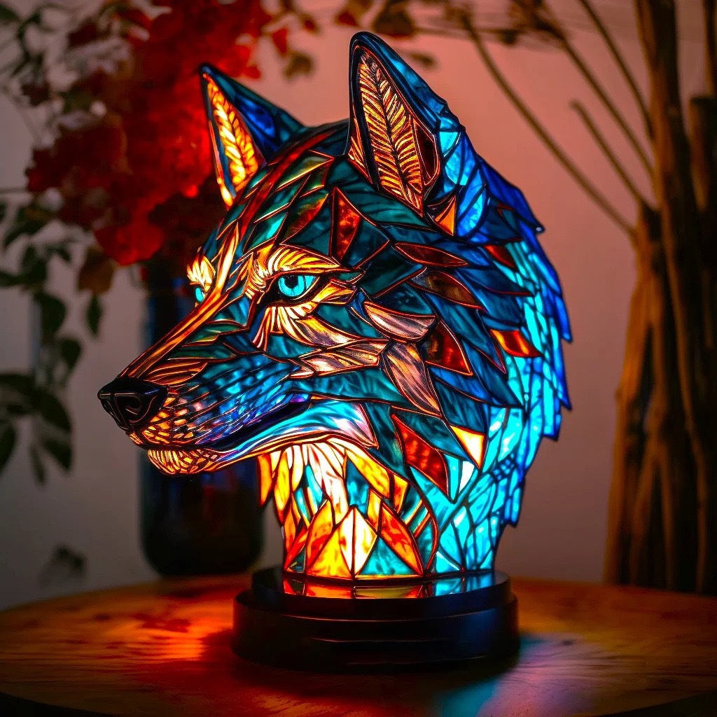 Pluto – Stained Glass Wolf Table Lamp Colourful