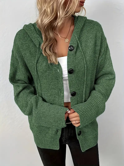 Suthida - Elegant Long Sleeve Hooded Sweater With Button